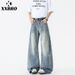 Streetwear Fleece-Lined Jeans – Washed Cleanfit Bamboo Texture Relaxed Trousers (Men's Winter Straight-Leg Denim With Curved Hem)_mkmklike.com