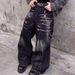 Men's Trendy High Street Loose Flared Jeans Retro Washed Distressed Design Lightning Crack Pattern American Style_mkmklike.com