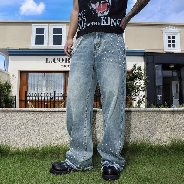 Men's High-Waisted Slimming Denim Trousers Pearl Embellished Loose Straight Wide Leg Jeans Retro American Style Summer 2026 New Arrival_mkmklike.com