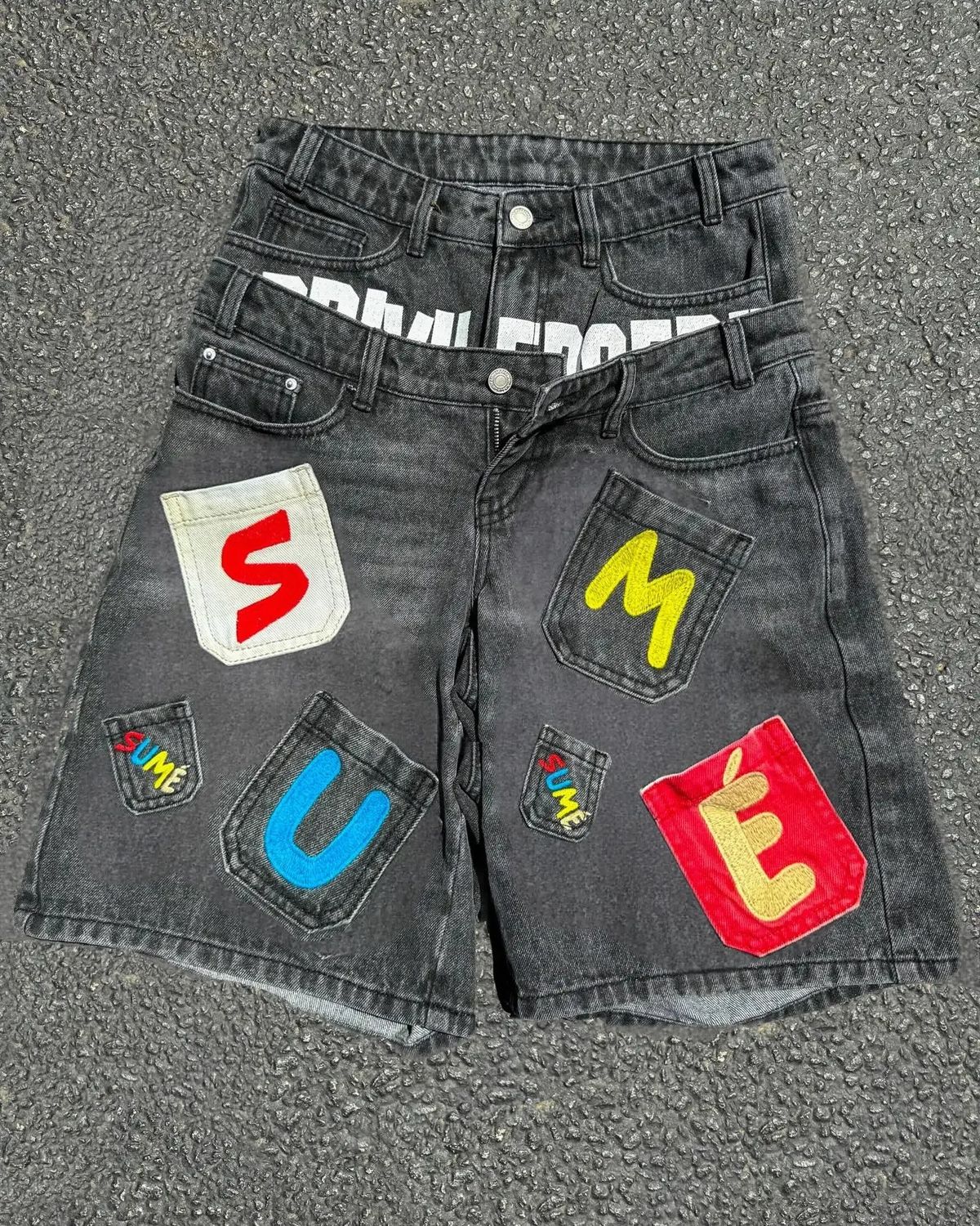 Men's Clothing Retro Double Waist Letter Stitching Denim Shorts Couple Summer New Hip Hop High Street Shorts_mkmklike.com
