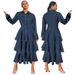 Women’s Denim Tiered Dress – Long Sleeve Lapel Collar Maxi Dress (Dark Blue, S-2XL)_mkmklike.com