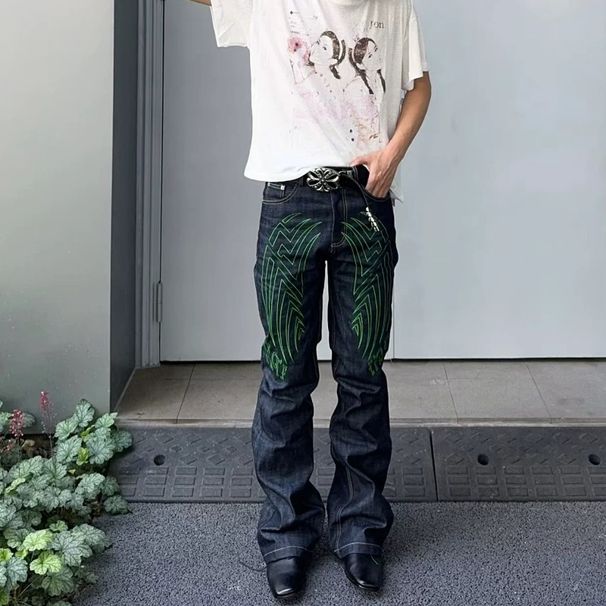 Unisex High-Waist Flared Jeans, Raw Deep Blue With Neon Green Zigzag Embroidery, Y2K Summer Streetwear_mkmklike.com