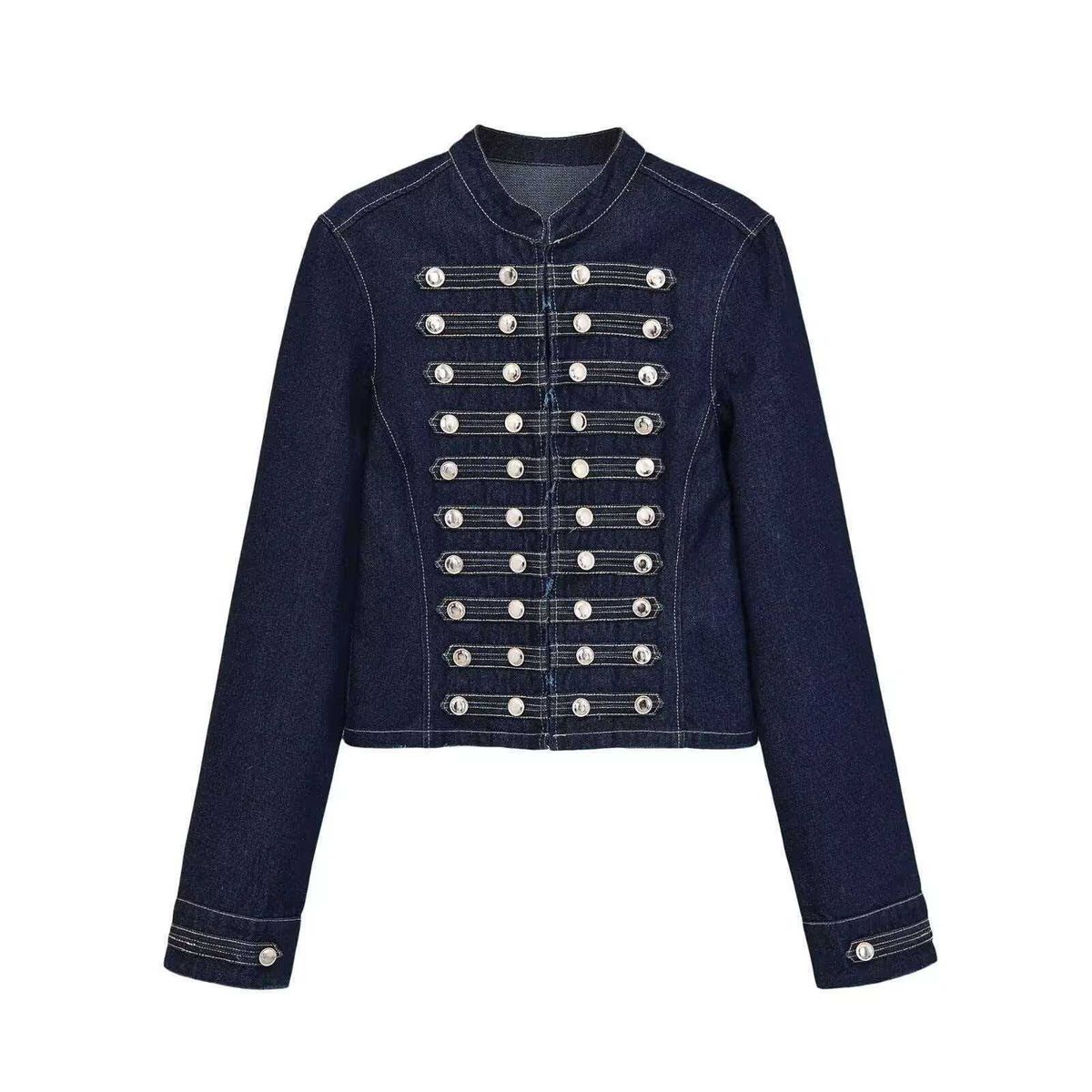 Women's Retro Double Breasted Denim Jacket Stand Collar Metal Button Autumn Clothing Hot Selling_mkmklike.com