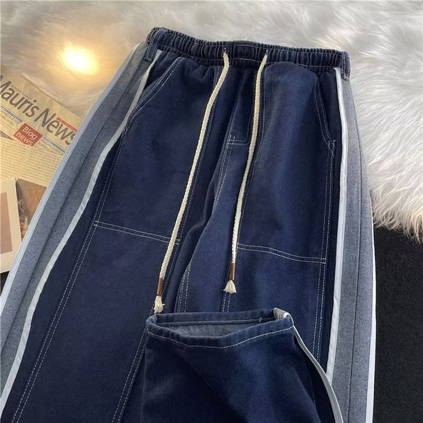 Men's Patchwork Straight Leg Cargo Jeans Loose Wide Leg Street Style Cool And Edgy Autumn Winter Trendy Brand Design_mkmklike.com