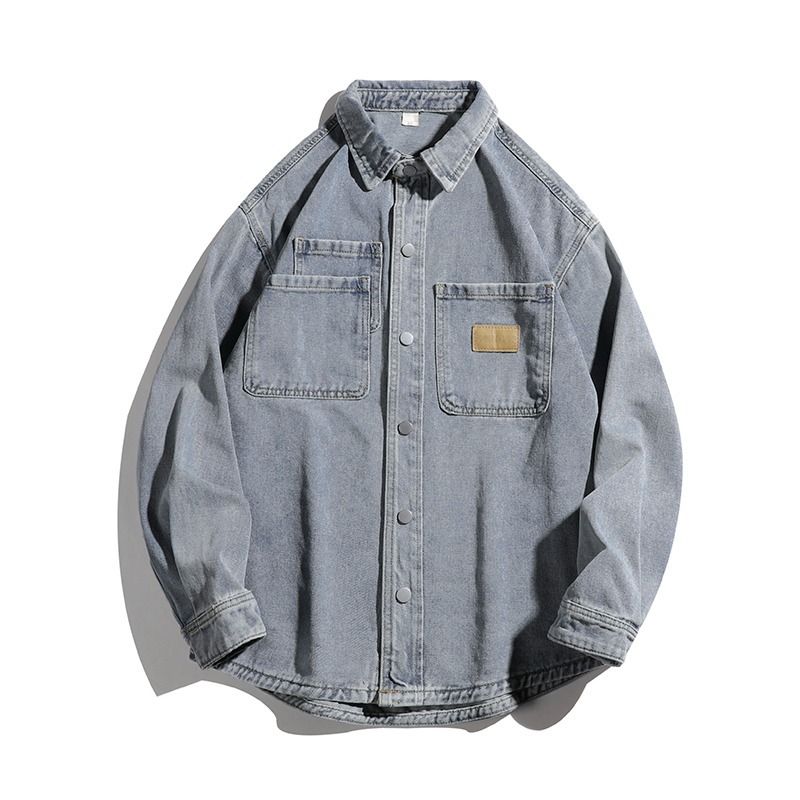 Retro Washed Denim Shirt Men's Trendy Brand Splicing Loose And Cool Workwear Shirt Jacket Men_mkmklike.com