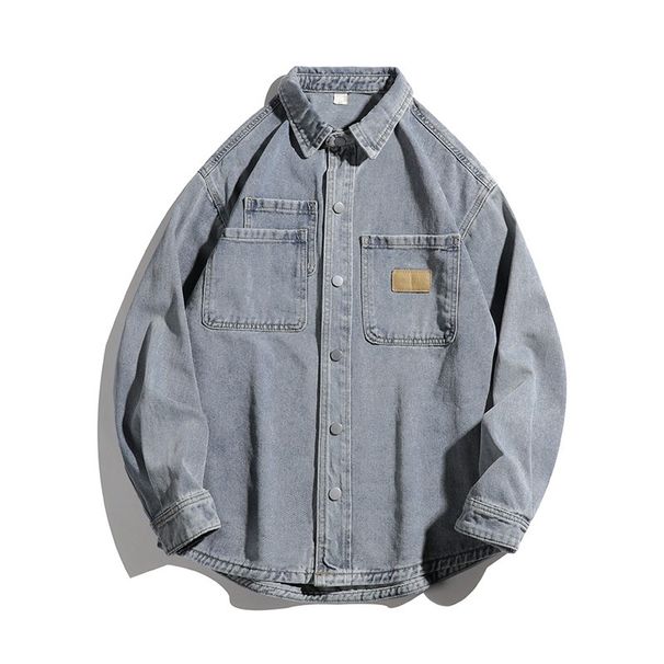 Retro Washed Denim Shirt Men's Trendy Brand Splicing Loose And Cool Workwear Shirt Jacket Men_mkmklike.com