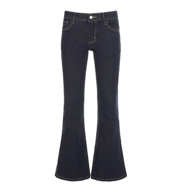 Retro Blue Low Rise Cropped Denim Flared Pants For Women Casual Simple Trousers England Style Fashion Autumn New Hot Girl_mkmklike.com