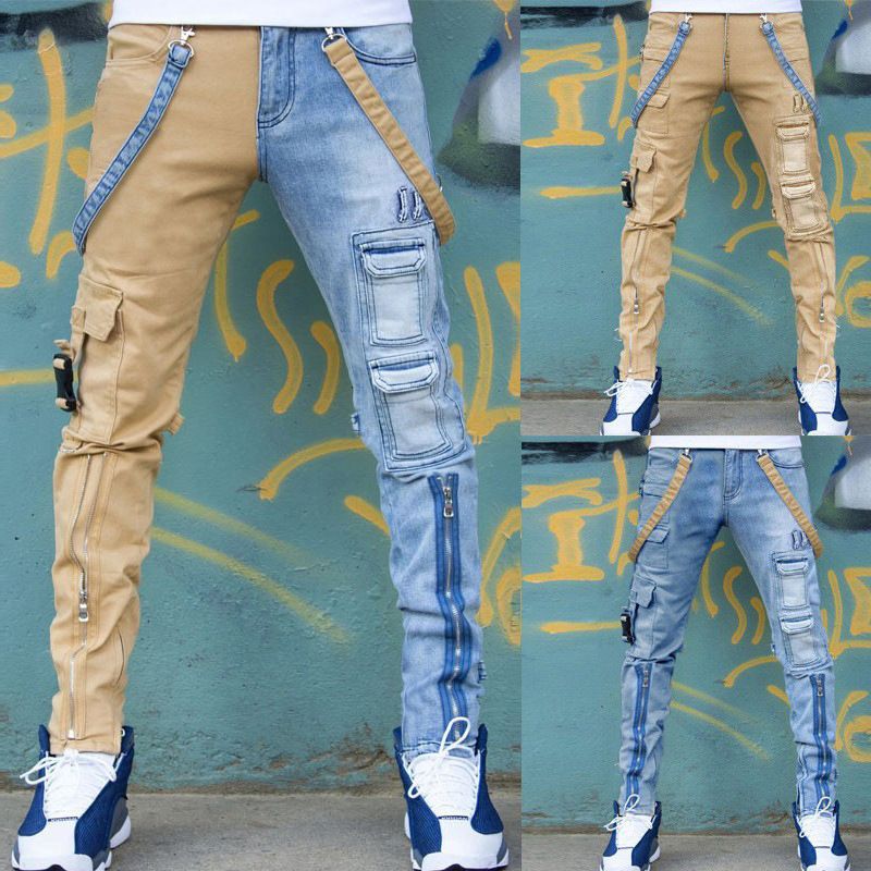 Men's Clothing 2024 new color matching rinsed jeans men's brand slim straight pants zipper workwear jeans_mkmklike.com