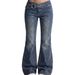 Women's Low Rise Belt Buckle Flared Jeans American Style Retro Washed Blue Sexy Elastic Floor Length Pants_mkmklike.com