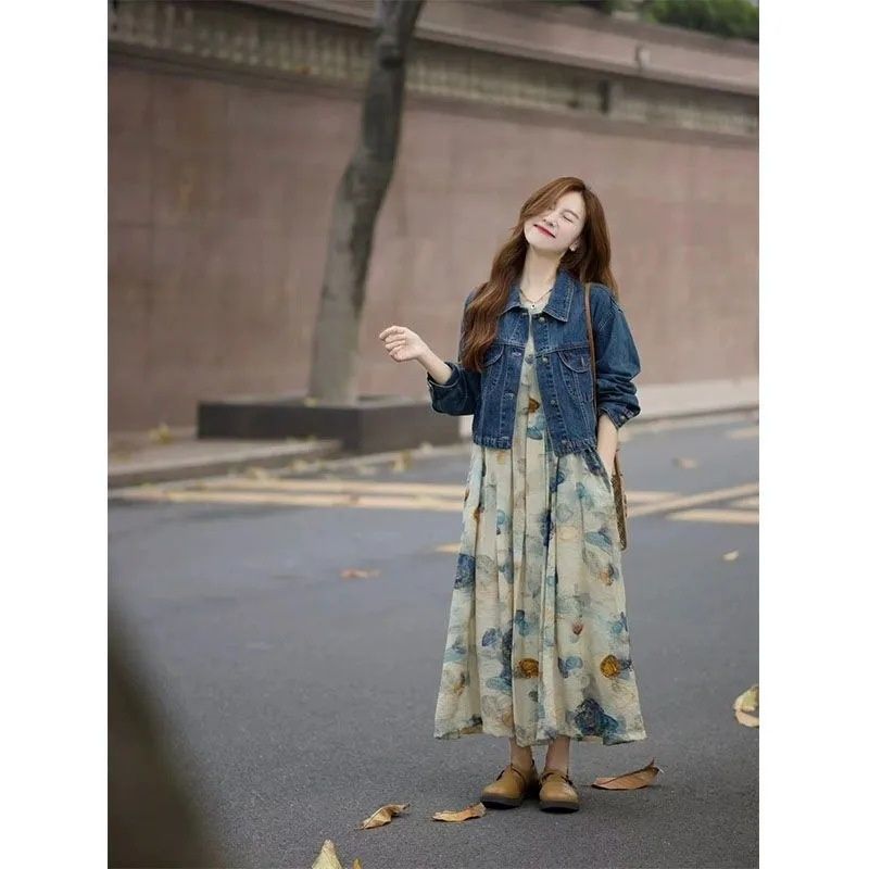 Chicco Summer Gentle Outfit 2024 New Korean Version Slimming Denim Jacket Printed Vest Dress Two-Piece Set_mkmklike.com
