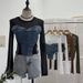 Women's Clothing Girl Design Mesh Splicing Denim Top Long Sleeved Bottoming Shirt Slim Short Niche T Shirt_mkmklike.com