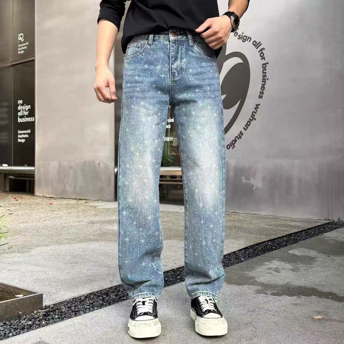 Men's Vintage Blue Distressed Jeans With Star Print – Relaxed Fit Straight Leg Casual Pants For Spring & Autumn_mkmklike.com