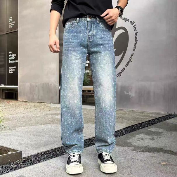 Men's Vintage Blue Distressed Jeans With Star Print – Relaxed Fit Straight Leg Casual Pants For Spring & Autumn_mkmklike.com
