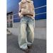 Retro Washed Distressed Jeans Wide Leg Floor Length Patchwork Webbing Curved Blade Design Men's And Women's Denim Pants_mkmklike.com