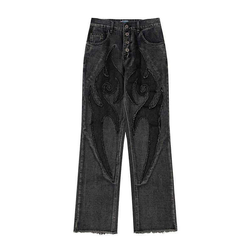 Unisex Retro Patchwork Embroidered Distressed Jeans - Relaxed Straight Fit, Raw Hem Detailing (Blue Wash & Black)_mkmklike.com
