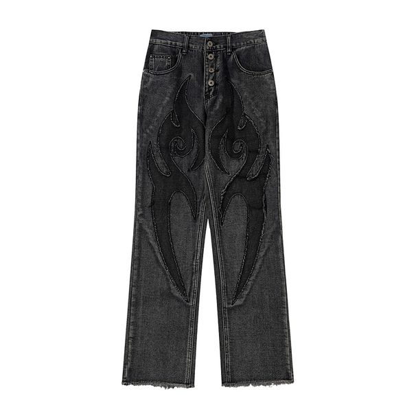 Unisex Retro Patchwork Embroidered Distressed Jeans - Relaxed Straight Fit, Raw Hem Detailing (Blue Wash & Black)_mkmklike.com