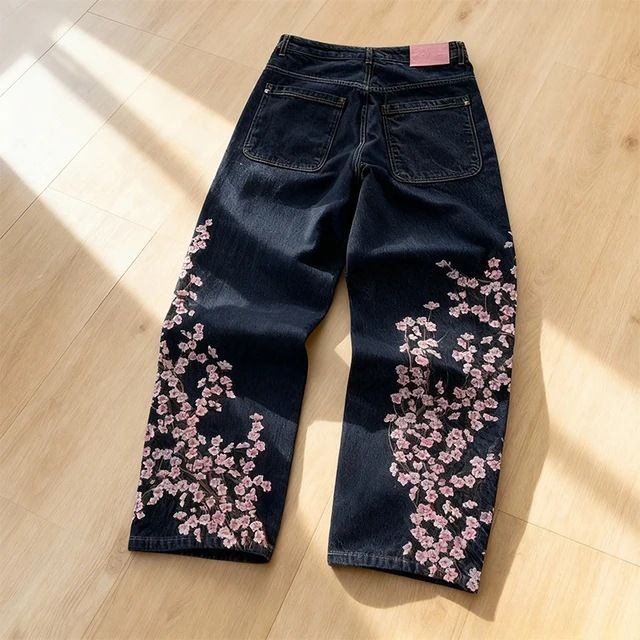 Men's And Women's Cross Border Foreign Trade Derschutze Street Style Jeans Retro Plum Blossom Embroidery Straight Leg Pants_mkmklike.com