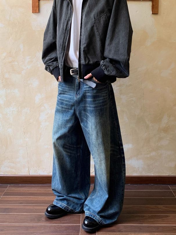 Men's American Style Washed Whiskered Scimitar Silhouette Jeans High Street Loose Fit Wide Leg Versatile Floor Length Trousers_mkmklike.com