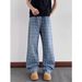 Men's Clothing Retro Washed Blue Plaid Jeans American Style High Street Fashion Loose Casual Wide Leg Straight Leg Pants For Men And Women_mkmklike.com