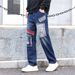 "Men's Distressed Wide-Leg Denim Pants – Fleece-Lined, Loose Fit, Patchwork Design (Blue/Black, Sizes 28-38)"_mkmklike.com