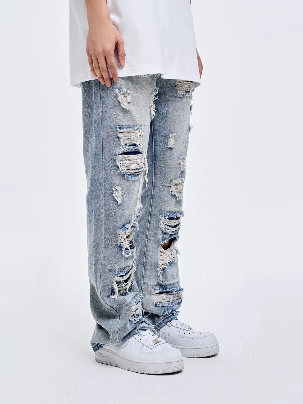 Distressed Patchwork Jeans For Men & Women – Vintage Washed High-Waisted Straight Leg Denim Pants (S-XXXL, Light Blue)_mkmklike.com