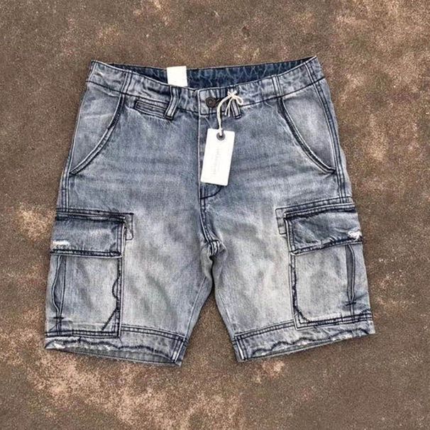 Men's Clothing Retro Old Tough Guy Style Multi Pocket Elastic Workwear Denim Shorts Men's Loose Straight Shorts_mkmklike.com