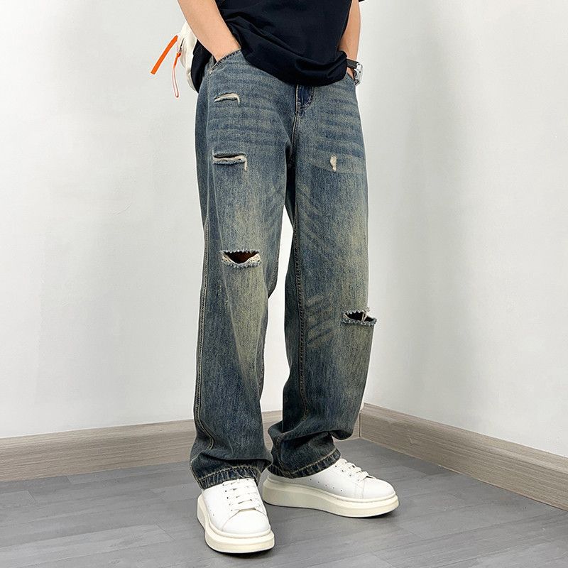 Men's Distressed Straight Leg Jeans, Lightweight Loose Fit Vintage Washed Denim Pants For Casual Street Style_mkmklike.com