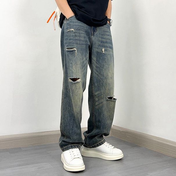 Men's Distressed Straight Leg Jeans, Lightweight Loose Fit Vintage Washed Denim Pants For Casual Street Style_mkmklike.com