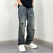Men's Distressed Straight Leg Jeans, Lightweight Loose Fit Vintage Washed Denim Pants For Casual Street Style_mkmklike.com