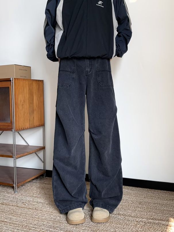 Men's Clothing Spring And Autumn Pleated Jeans Men's Distressed Straight Leg Jeans - Vintage Washed Denim Pants For Casual Streetwear & Youth Fashion_mkmklike.com