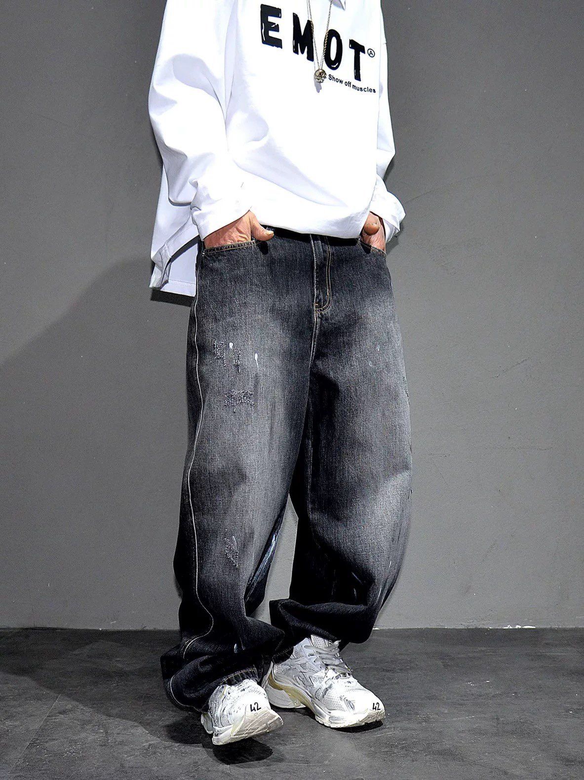 Men's Distressed Ink Wash Straight Leg Jeans Streetwear Loose Fit Denim Pants (M-3XL) – Vintage Washed Gray Black Wide Leg Trousers_mkmklike.com