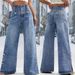 "Floral Print High-Waisted Wide Leg Jeans – Retro Button Detail & Side Slits (Blue, S-XXL)"_mkmklike.com