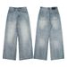 Men's Clothing Gradient Contrast A Line Jeans Vintage Washed Blue-White Ombre A-Line Jeans For Men – Streetwear Loose Fit Straight Leg Denim Pants_mkmklike.com