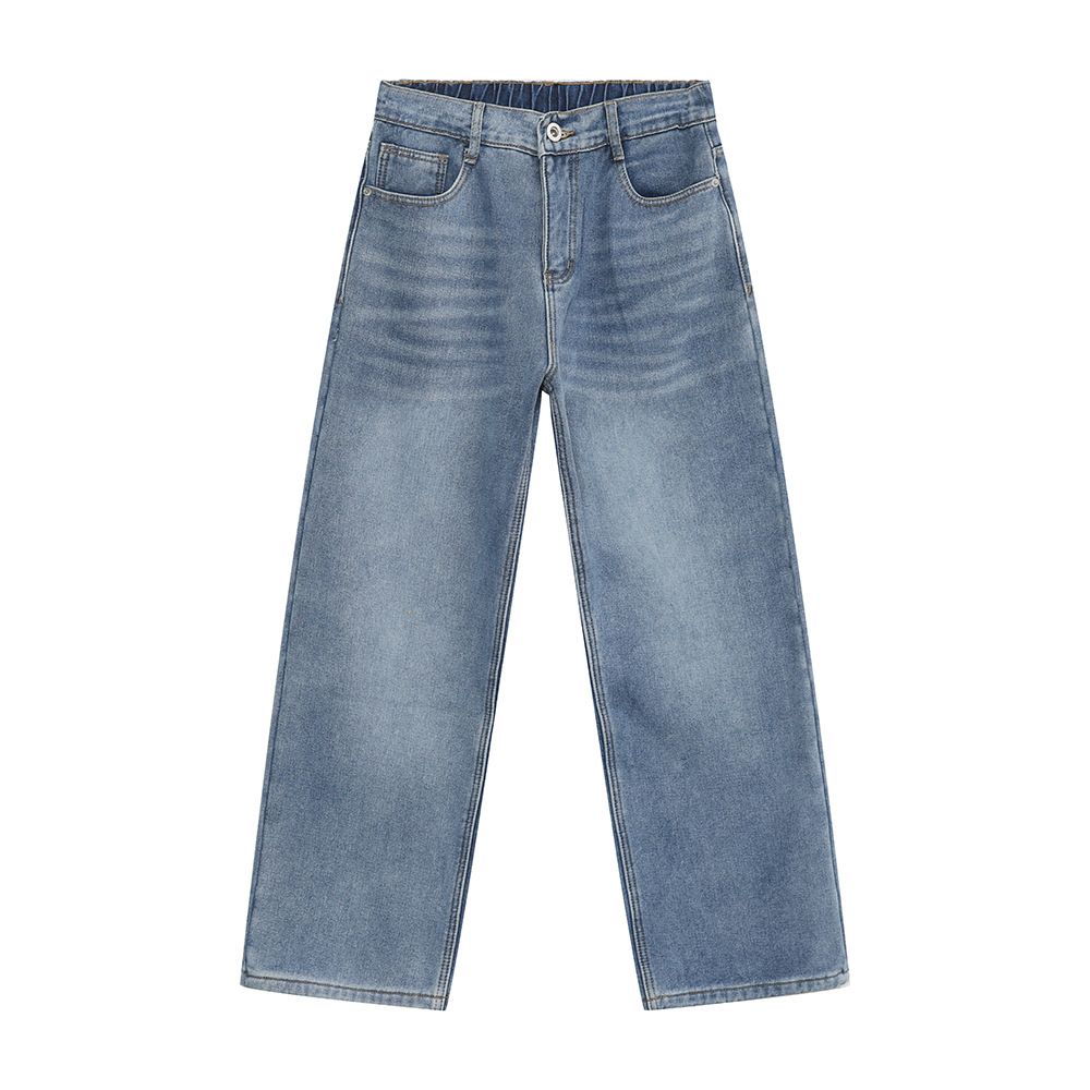 Men's Korean Style Washed Denim Jeans - Classic Straight Leg With Fleece Lining & Elastic Waist For Winter Comfort_mkmklike.com