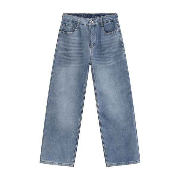 Men's Korean Style Washed Denim Jeans - Classic Straight Leg With Fleece Lining & Elastic Waist For Winter Comfort_mkmklike.com