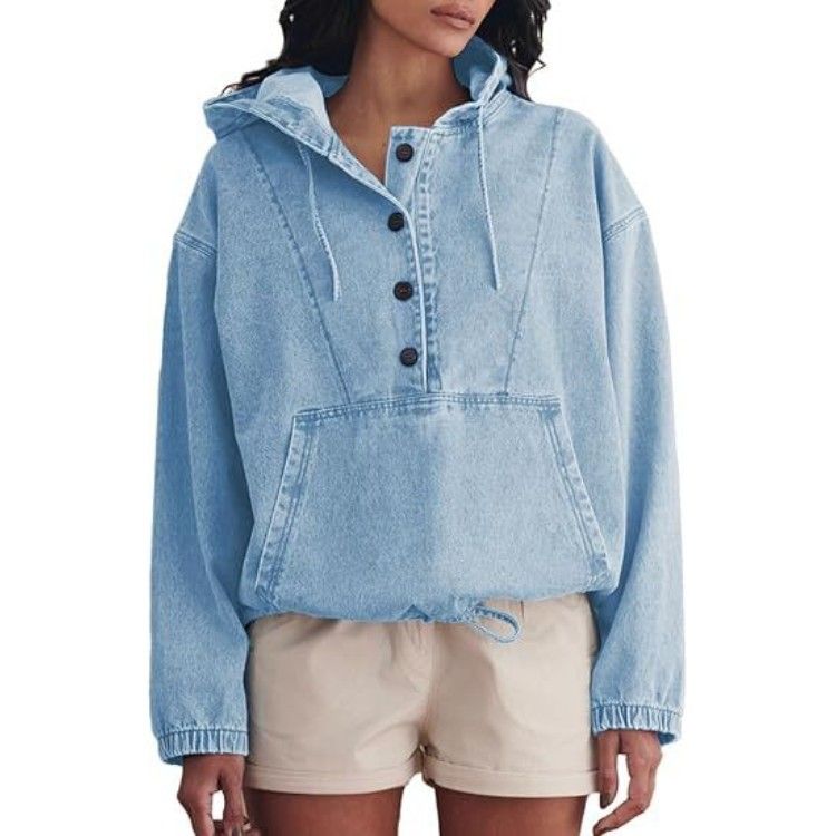 Women's Fashion Denim Hoodie Jacket Buttoned Pullover Sweatshirt Tops European American Style 2025 Trendy Clothing_mkmklike.com