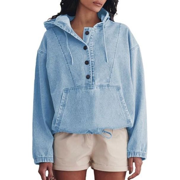 Women's Fashion Denim Hoodie Jacket Buttoned Pullover Sweatshirt Tops European American Style 2025 Trendy Clothing_mkmklike.com