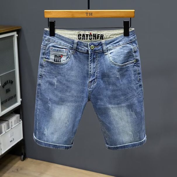 Men's Vintage Washed Denim Shorts – Retro Stretch Cargo Shorts With Printed Design, Loose Fit & Breathable For Summer (28-36)_mkmklike.com