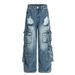 Niche High Street Multi-Pocket Cargo Denim Loose Men's Style Vibe Trendy Brand Washed Ripped Wide-Leg Straight Pants_mkmklike.com