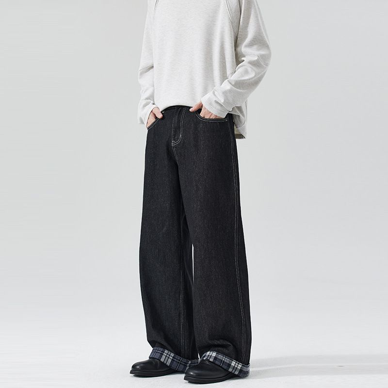 Plaid Patchwork Denim Jeans For Men And Women - Relaxed Fit Straight Leg Unisex Trousers In American Style_mkmklike.com