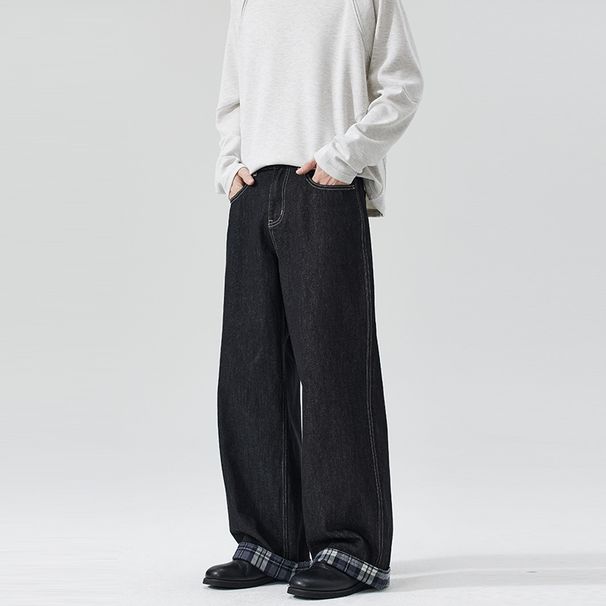 Plaid Patchwork Denim Jeans For Men And Women - Relaxed Fit Straight Leg Unisex Trousers In American Style_mkmklike.com