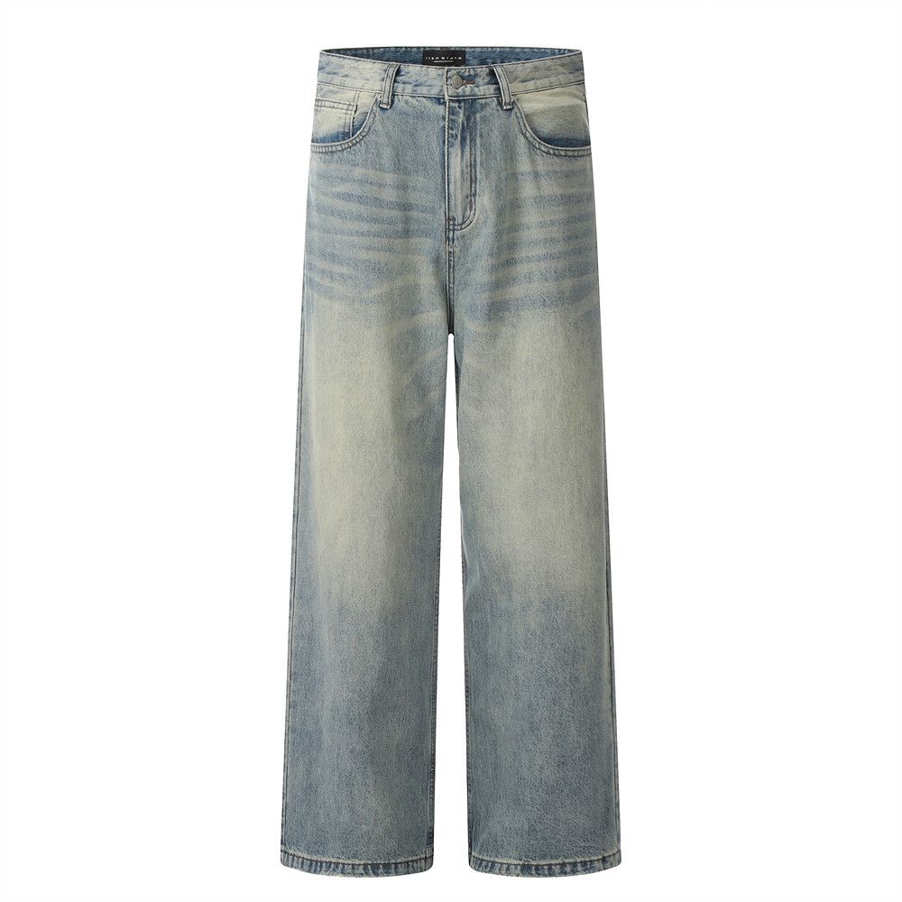 Distressed Washed Jeans Men's Dad Trendy Punk Handmade Frayed Loose Wide-Leg Straight Long Pants_mkmklike.com