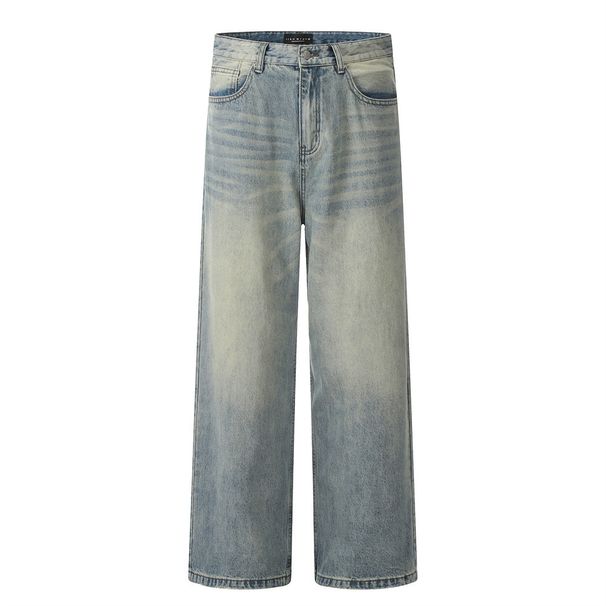Distressed Washed Jeans Men's Dad Trendy Punk Handmade Frayed Loose Wide-Leg Straight Long Pants_mkmklike.com