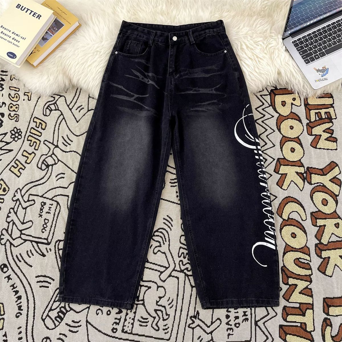 Vintage Washed Denim Jeans For Men – Relaxed Straight-Leg Wide Fit (S-3XL, Mid-Rise, Cotton Blend, Black/Blue)_mkmklike.com