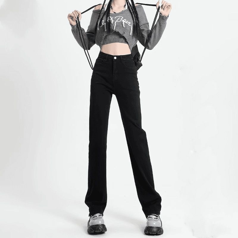 Black Slim-fit Straight-leg Jeans Women, 2025 New Autumn High-waisted Slimming Wide-leg Cigarette Pants For Pear-shaped_mkmklike.com