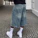 Men's Clothing Retro Washed High Street Denim Shorts Straight Wide Leg Distressed Loose Casual Versatile Cropped Pants_mkmklike.com