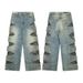 Men's Clothing Heavy Washed Knife Cut Damaged Double Layer Stitching Camouflage Beggar Pants Trendy American Straight Wide Leg Tassel Jeans_mkmklike.com