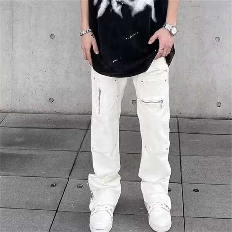 Men's Clothing Unisex Boyfriend Style White Denim Jeans Rivet Design Versatile Straight Leg Trendy Floor Length Pants American High Street Niche_mkmklike.com