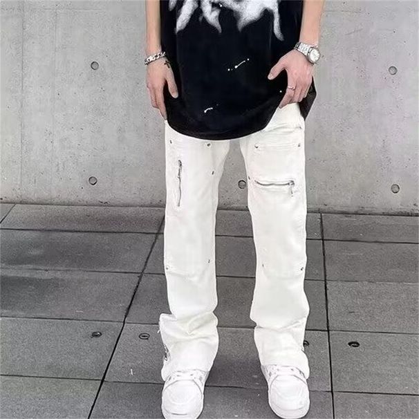 Men's Clothing Unisex Boyfriend Style White Denim Jeans Rivet Design Versatile Straight Leg Trendy Floor Length Pants American High Street Niche_mkmklike.com