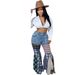 Women Colorful Plaid Patchwork Zipper Fly Flare Jeans Vintage INS Fashion Streetwear Wide Leg Denim Trousers Pants_mkmklike.com